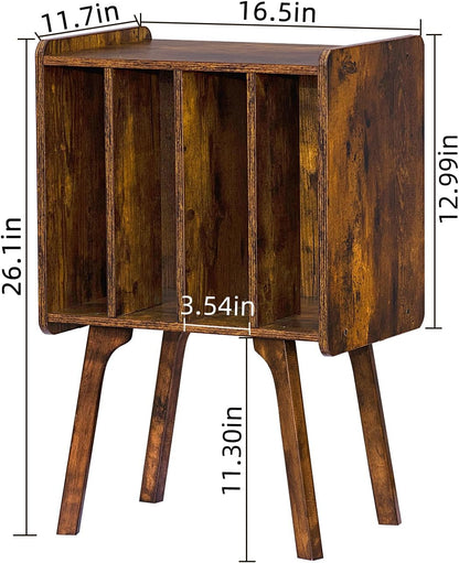 LELELINKY Small Record Player Stand, 4 Cabinet Vinyl Storage Table, Brown | Width 11.7 In, Up to 80 Albums, Vinyl Holder with Wood Legs, Turntable Stand Display Shelf for Bedroom and Living Room