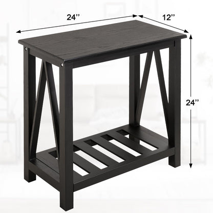 Narrow Side Table with Storage Shelf 2 Tier Wooden Nightstand Bedside Tables for Small Spaces Black Modern Accent Sofa Side Tables for Couch Living Room Bedroom Entryway