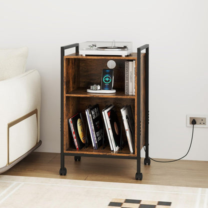 LOKO Record Player Stand with Charging Station, 3-Tier Vinyl Turntable Stand On Wheels with Open Shelves, Metal Dividers, Industrial End Table Turntable Holder for Bedroom, Living Room