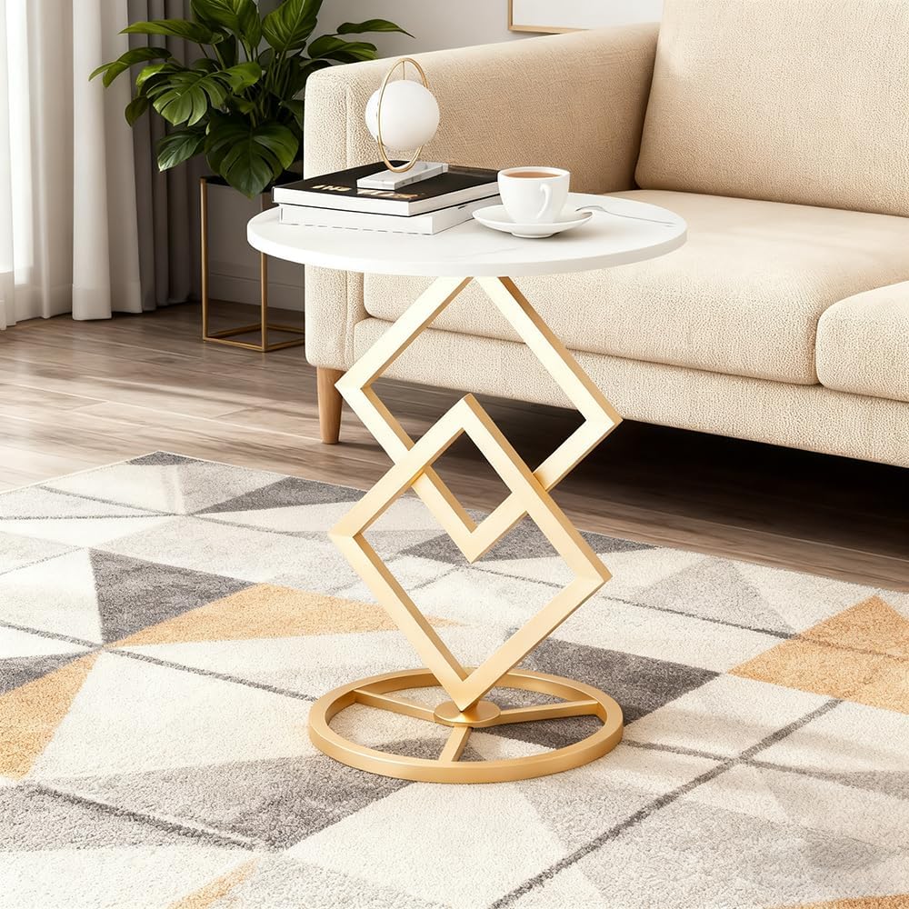 Boho Round Side Table Living Room, Luxurious Marble Desktop end Tables with Simple Aesthetic Metal Base, Modern Decor Bedside nightstand Coffee Snack Table for Bedroom Sofa Patio Balcony