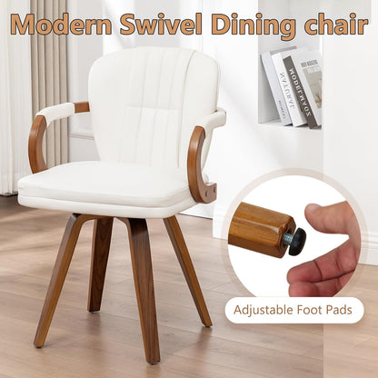 Swivel Dining Chairs Set of 2 Mid Century Modern White Faux Leather Upholstered Kitchen Chairs with Bentwood Frame Armrests Side Chairs,Comfortable Ergonomic Wood Accent Chair No Wheels