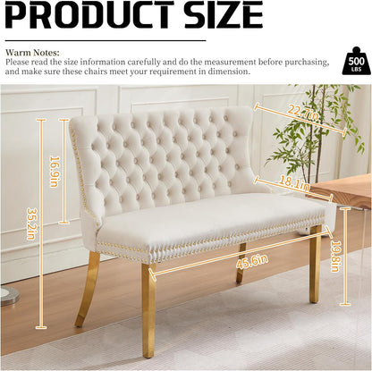 Beige Velvet Dining Bench with Back, Tufted Banquette Seating, Gold Legs | Upholstered loveseat bench; tufted back; nailhead trim; 500 lb capacity; foam and spring seat; dining room or entryway