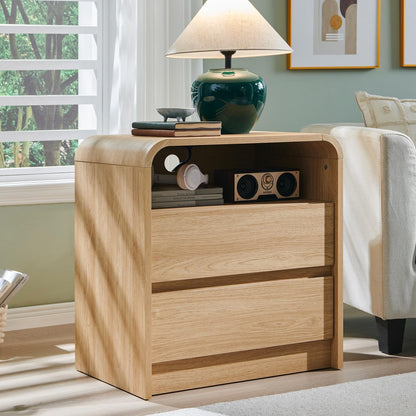 Aitjunz 25" Tall Modern Nightstand with Charging Station, 23.6'' Wide Wood Bedside Table w/2 Storage Drawers, Large Mid Century End Table for Bedroom, Living Room, Curved Profile Design,Natural Oak