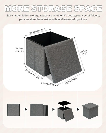 B FSOBEIIALEO Storage Ottoman with Tray, Linen Small Coffee Table Folding Foot Rest Seat Cube, Dark Grey 16"X15.7"x15" Double (2 Pack)