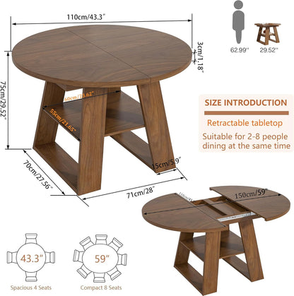 43.3in-59in Extendable Round Dining Table for 4-8, Modern Kitchen Oval Dining Table with Removable Leaves Space Saving, Wood Base with Storage Shelf for Kitchen Living Room, Walnut Style 2