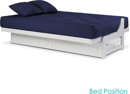 Nirvana Futons Arden White Futon with Storage Drawers Queen Size - Minimalist Armless Design with 8 Inch Comfortable Mattress (Twill Navy Blue), Sofa Bed Available in