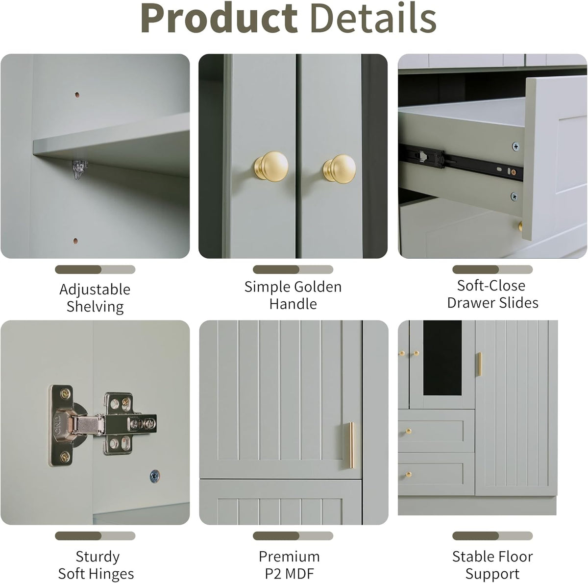 Modern Large Kitchen Pantry with 6 Doors,Storage Cupboard with Drawers, Adjustable Shelves,Pull-Out Trays and Wine Rack for Dining Room (Gray/KP)
