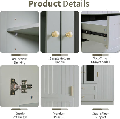Modern Large Kitchen Pantry with 6 Doors,Storage Cupboard with Drawers, Adjustable Shelves,Pull-Out Trays and Wine Rack for Dining Room (Gray/KP)
