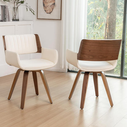 LUNLING Swivel Accent Faux Leather Dining Chairs Set of 4,Mid Century Modern Chairs with Wooden Legs/Armrest/Upholstered Seat/Adjustable Foots for Kitchen Dining Room Desk Chairs,Beige