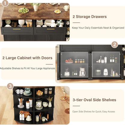 HSH 63 Inch Large Kitchen Island with Storage and Seating, Rustic Brown | Stationary Island Table with Storage Drawers, Cabinets, Oval Open Shelves, Wood Counter Prep Island for Kitchen Dining Room