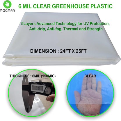 6 mil (24ft x 25ft) 100% Virgin Material. 5Layers Advanced Extrusion Technology for UV Protection, Anti-drip, Anti-Fog, Thermal and Strength. 4Years Lifetime UV Resistant Greenhouse Plastic