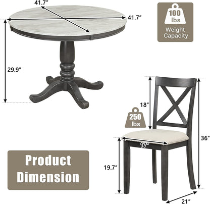 Merax 5 Piece Dining Table Set for 4, Solid Wood Kitchen Table Set with 4 Upholstered Chairs for Kitchen, Dining Room, Living Room, Grey