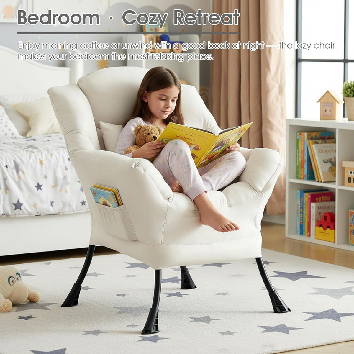 Lazy Chair for Living Room, Large Beige Accent Chair with a Throw Pillow, Leisure Sofa Chair Set, Comfy Reading Chair for Bedroom, Dorm Room, Office