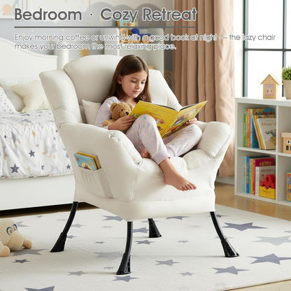 Lazy Chair for Living Room, Large Beige Accent Chair with a Throw Pillow, Leisure Sofa Chair Set, Comfy Reading Chair for Bedroom, Dorm Room, Office