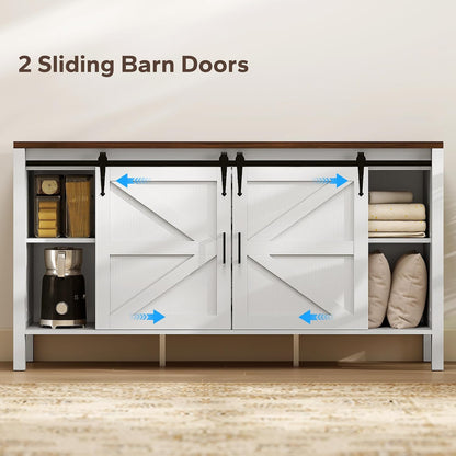 HOMCOM 59 Inch Farmhouse Sideboard Buffet Cabinet with Thick Top, Coffee Bar Cabinet with 2 Sliding Barn Doors, 4 Drawers and 2 Adjustable Shelves for Kitchen, Distressed White