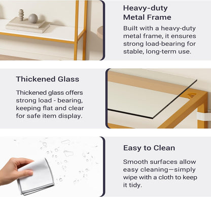 Furnify Console Sofa Table, 52" Modern Entryway Table, 2-Tier Open Shelf with Tempered Glass, Gold Metal Frame Behind Couch Table for Living Room Bedroom Hallway Entrance, White