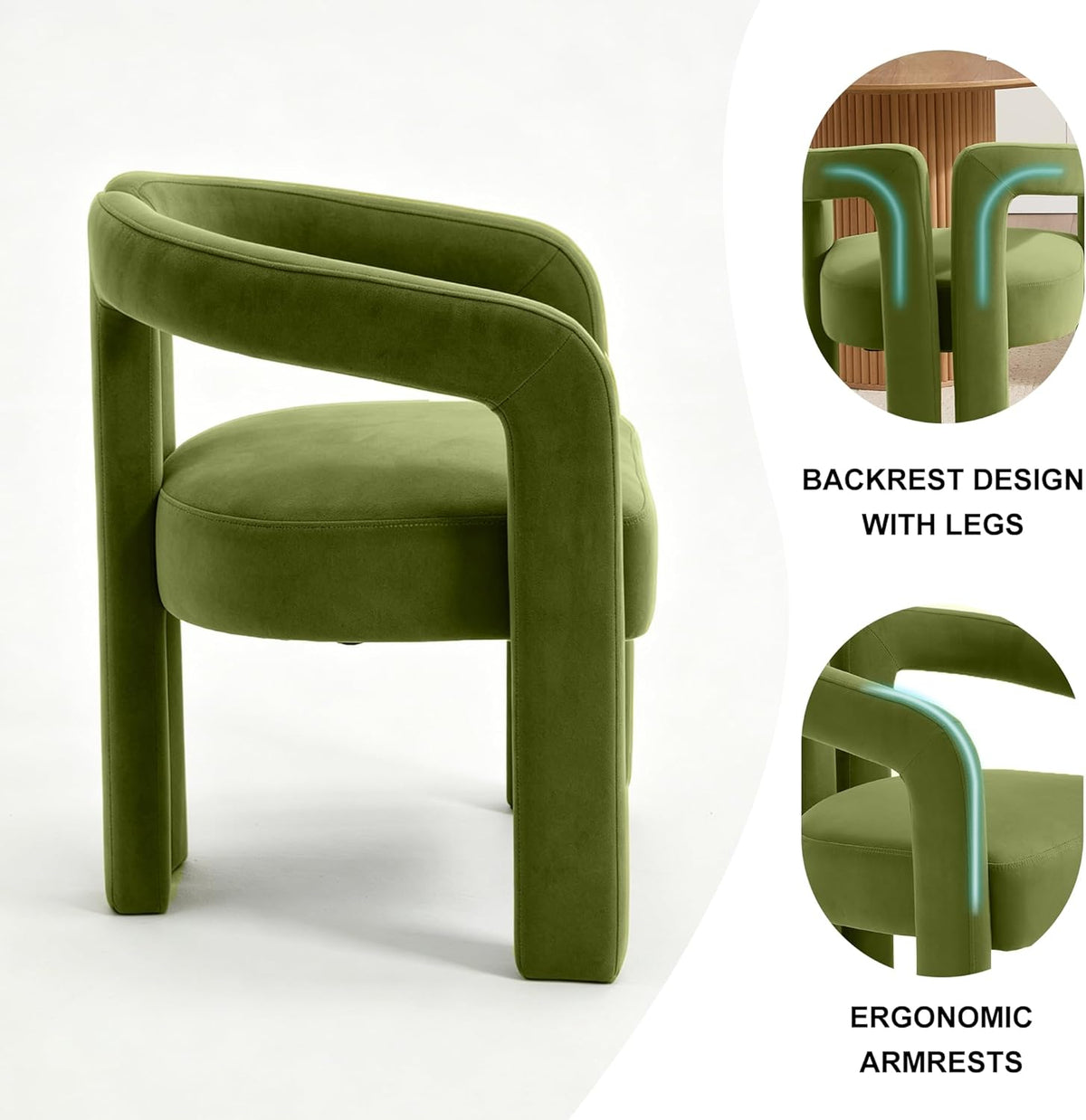 Modern Velvet Dining Chairs Set of 1, Mid Century Modern Upholstered Accent Chair with Curved Backrest and Armrests, Round Thick Cushion Kitchen Chair with Metal Legs (1pcs Velvet Green)