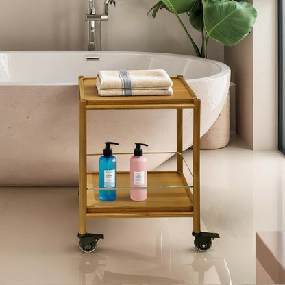 Acacia Wood Rolling Side Table, 2-Tier with Lockable Wheels & Removable Tray, Sturdy Durable for Bar Cart, Nightstand, End Table, Sofa Table