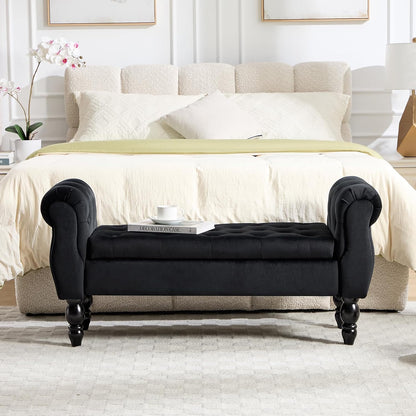 47″ Storage Bench with Arms End of Bed Bench,Velvet Entryway Bench with Storage, Button Tufted Upholstered Ottoman Bench Wood Legs, Window Sitting Bench for Bedroom/Living Room/Hallway, Black