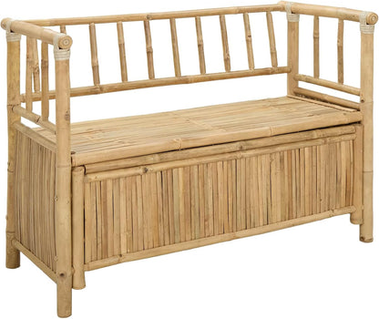 Bamboo Garden Storage Bench, Outdoor Patio Seating with Hidden Storage Compartment, 43.3 x 18.5 x 31.5 Inch Rectangular Wood Bench for Backyard, Balcony, Indoor and Outdoor Use