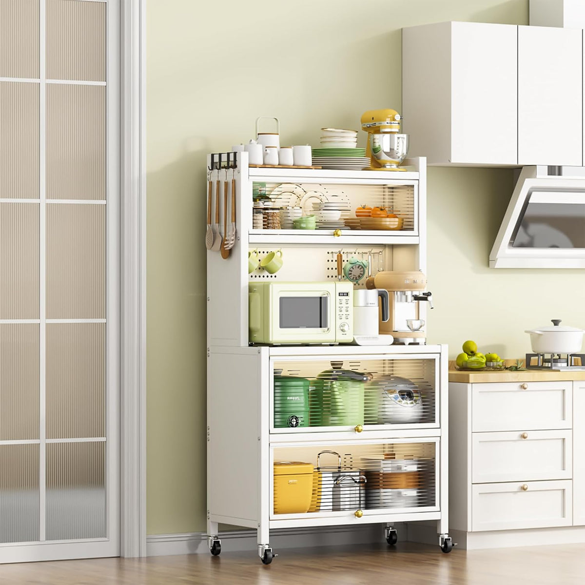 65'' Kitchen Pantry Storage Cabinet, Storage & Microwave Oven Countertop, Pantry Cabinets with 3 Doors and 4 Layers Hole Plate Versatile Storage for Kitchen, Living Room, Dining Room