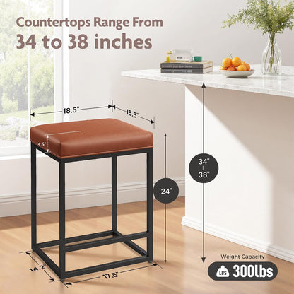 ALPHA HOME 24 Inch Counter Height Bar Stools Set of 3, Brown | Modern Barstools, Metal Bar Stool for Kitchen Island, Faux Leather Countertop Stools