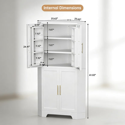 Corner Cabinet, Metal Storage, Kitchen Pantry Cabinet with Adjustable Shelves & Spice Rack, Tall Freestanding Corner Pantry with Shaker Doors & Gold Handles for Kitchen, Bathroom, Living Room (White)