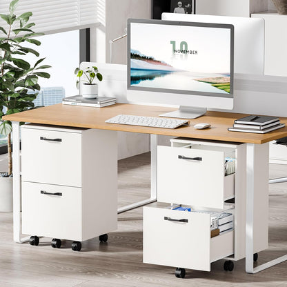 DUMOS 2 Drawer Storage Cabinet, Rolling Under Desk Storage, White | Not for Hanging Files, Printer Stand, Lockable Wheels, Mobile Wood Home Office Organizer