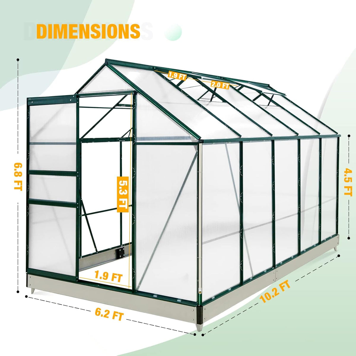 EAGLE PEAK 10x6x7 Outdoor Walk-in Hobby Greenhouse with Adjustable Roof Vent, Rain Gutter, Base and Anchor, Polycarbonate Aluminum Green House for Backyard Garden, Dark Green