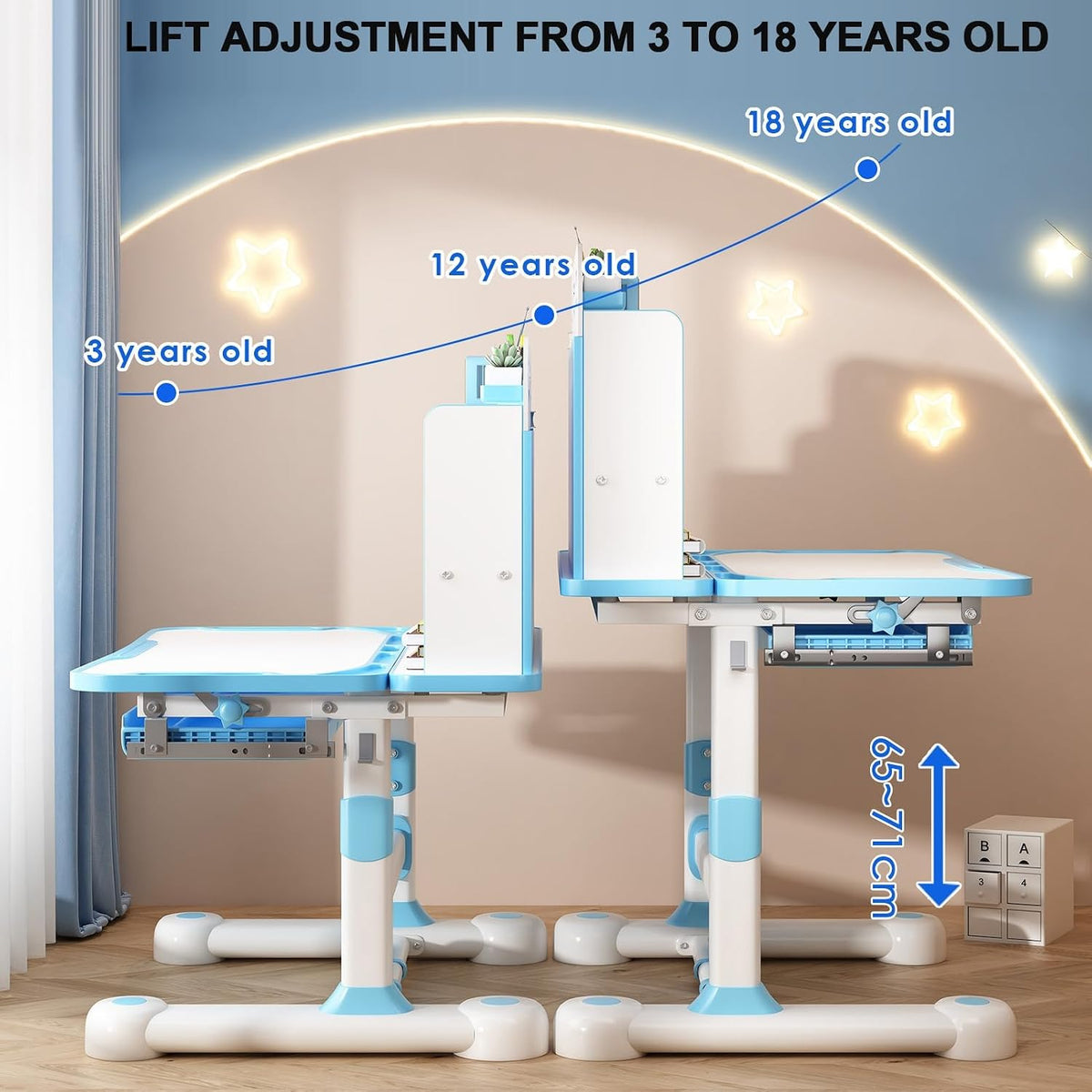 Kids Study Desk Chair Set for 3-18 Years Old, Height Adjustable Children School Study Table Chair Set with Sitting Corrector, Ergonomic Desk Chair with Book Stand, Foot Pedal Blue