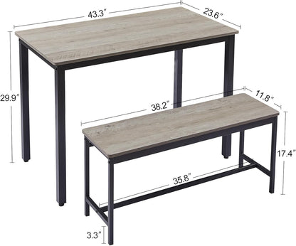 Dining Table Set for 4, Small Kitchen Table with 2 Benches, Industrial Counter Height Pub Table, 3-Pieces Bar Table and Chairs Set for Home Kitchen Breakfast Table, Grey, 43.3″L x23.6″W x 29.9″H