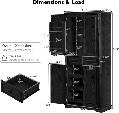 Ball & Cast 71" Farmhouse Kitchen Pantry Cabinet with 3 Pull-Out Organizers, Tall Storage Cabinet with 4 Doors, 2 Drawers, 6 Door Shelves & Adjustable Shelves, Freestanding Cupboard, Black