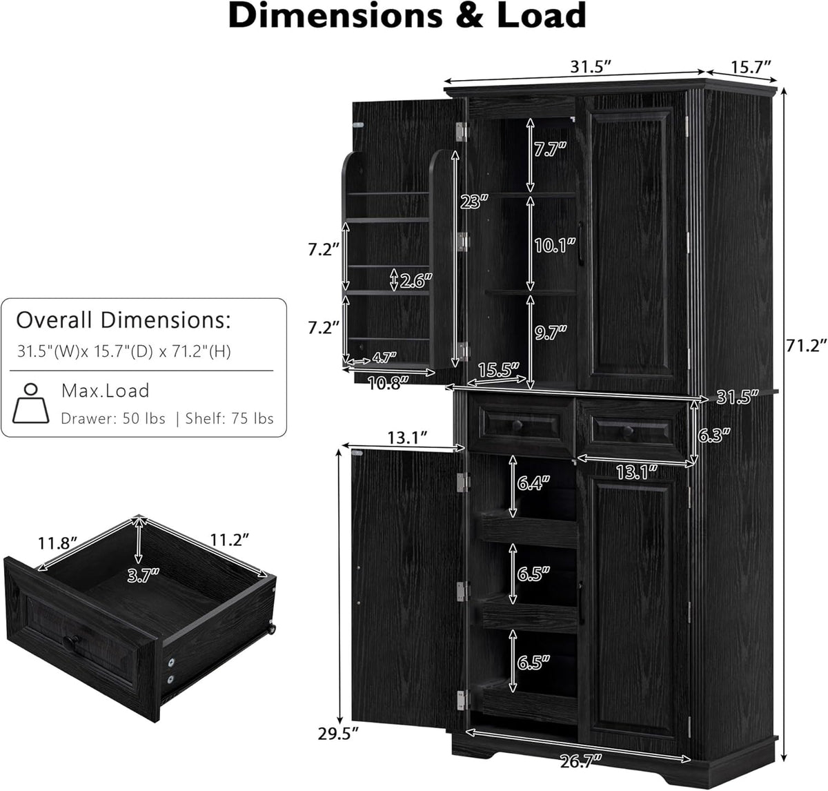 71" Tall Kitchen Pantry Cabinet with 3 Pull Out Organizers, Black Storage Cupboard with 6 Door Shelves, 2 Drawers, Freestanding Pantry for Kitchen Dining Room (Black)