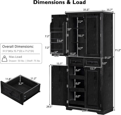 71" Tall Kitchen Pantry Cabinet with 3 Pull Out Organizers, Black Storage Cupboard with 6 Door Shelves, 2 Drawers, Freestanding Pantry for Kitchen Dining Room (Black)