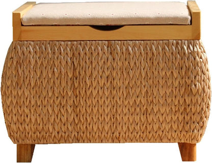 Ottoman with Storage Rattan Woven ，Bench with Padded Seat End of The Bed Entry Bench Footrest Stool for Hallway Living Room(Primary color1,40cm/15.7in)
