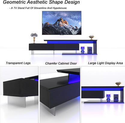 LED TV Stand for 65 75 85 Inch TV, Extendable Entertainment Center | 60 70 80 90 Inch TV Console Equipped with Light String, Two Pull-Down Door, TV Table for Living Room, Black