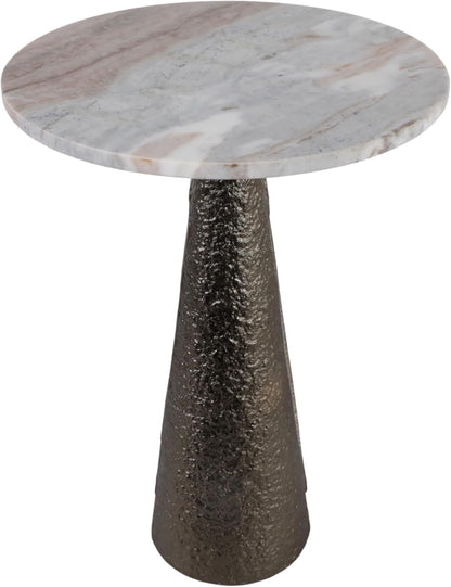 Luxury End Table, Side Table, or Night Stand for Home Decor - Metal Cone Pedestal Base with Antique Brass Marble Top for Small Spaces - Modern Glam Bedroom or Living Room Decor - 22" Bronze & Tan