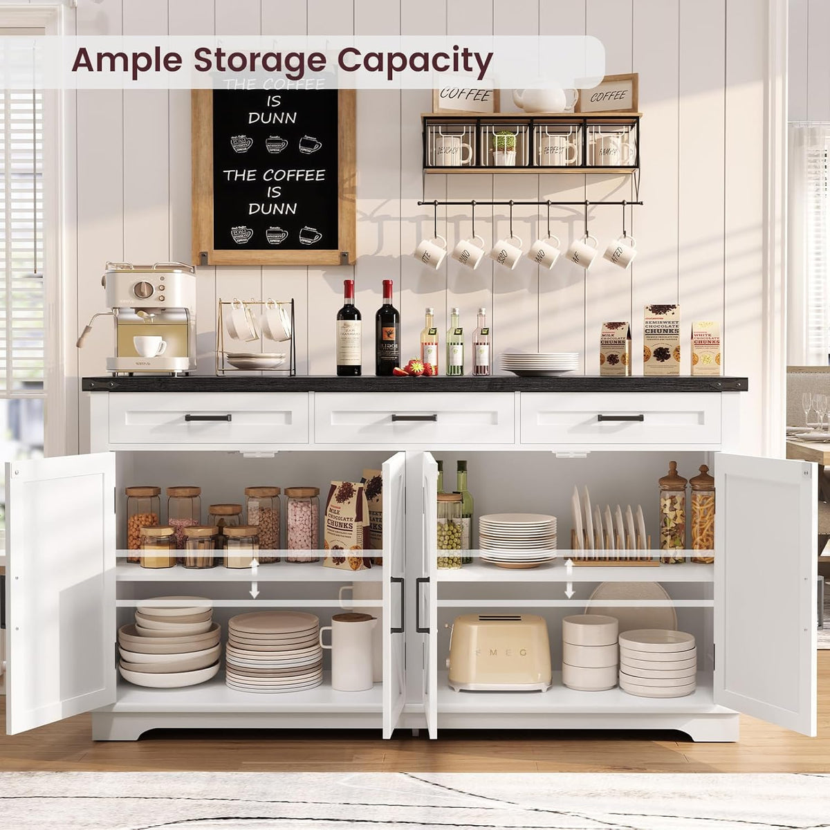 usikey 61” Large Sideboard Buffet Cabinet with 4 Doors and 3 Drawers, Farmhouse Buffet Table, Dining Room Storage Cabinet for Kitchen or Living Room, White
