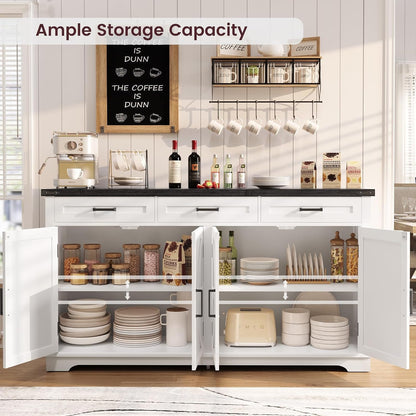 usikey 61” Large Sideboard Buffet Cabinet with 4 Doors and 3 Drawers, Farmhouse Buffet Table, Dining Room Storage Cabinet for Kitchen or Living Room, White