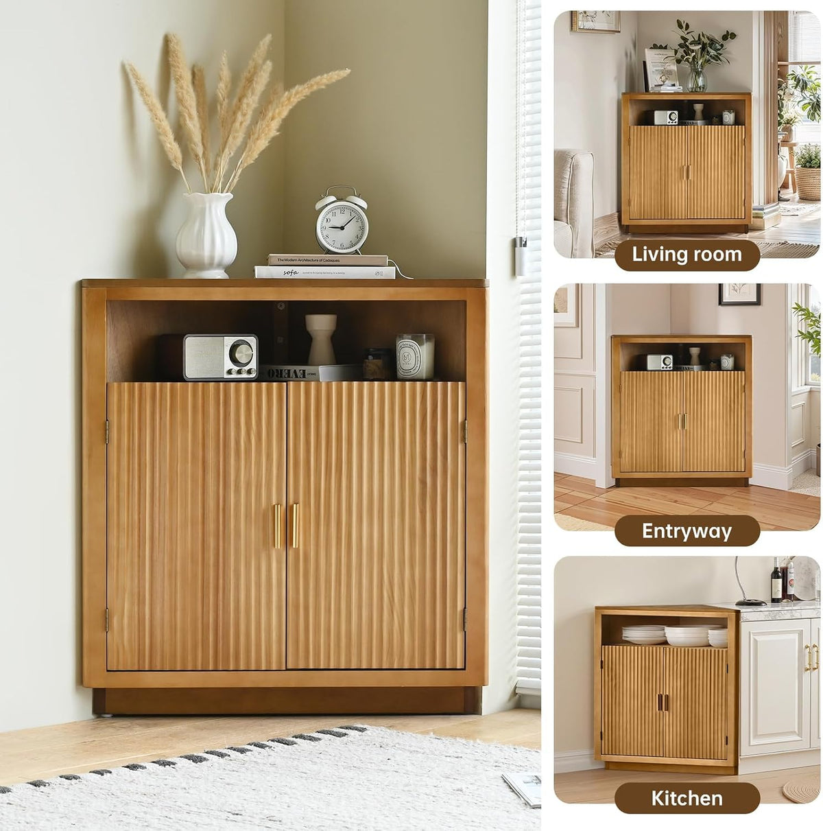 Ahokua Corner Storage Cabinet with Fluted Hand-Carved Doors, riangular Accent Cabinet with Adjustable Shelf & Gold Handles for Living Room or Entryway, Boho Style, Warm Oak
