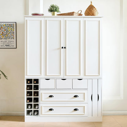 Farmhouse Kitchen Pantry, Sideboard with Power Outlet, Shelves, White | Spacious 53.2"L x 17.7"W x 71"H floor cabinet with 4 foldable doors, built-in power outlet, wine racks, and serving trays