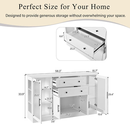 58.3" Modern Buffet Sideboard with 4 Doors & 2 Drawers, Modern Buffet Cabinet with Storage Adjustable Shelves, Power Outlet, Acrylic Panels, Storage for Dining Room, Living Room and Kitchen (White)