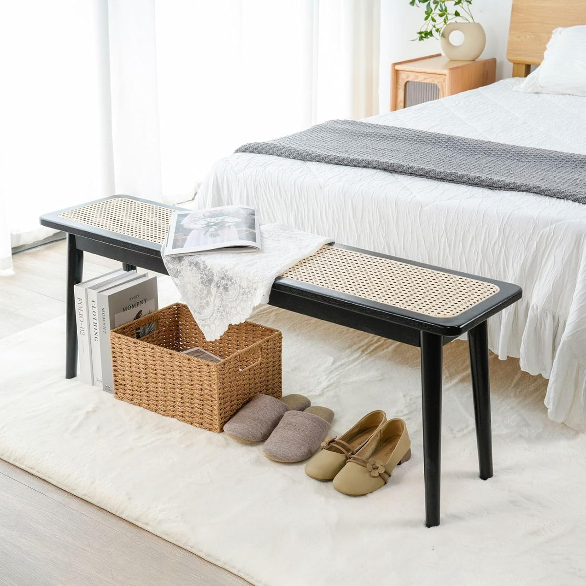 Entryway Bench, Solid Wood Kitchen Dining Bench, Mid Century Modern End of Bed Bench with Rattan Woven Top for Bedroom, Dining Room, Entry Way, 47.2" L x 11.2" W x 17.7" H, Black