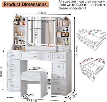 Arulvmrn 43" Makeup Vanity Desk with Mirror and Lights, & Power Outl, Glass Top Big Vanity Table with 9 Drawers& 8 Storage Shelves, Dressing Table Set with Chair for Bedroom, White