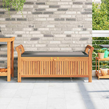 Solid Acacia Wood Garden Storage Bench with Dark Grey Cushion, Outdoor Patio Seat with Under-Seat Storage, Oiled Finish for Weather Protection, Easy Assembly