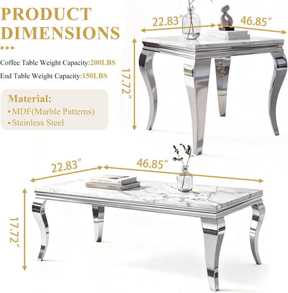 3-Piece Faux Marble Coffee Table Set with Silver Stainless Steel Legs | Modern Rectangular Center Table and 2 Square End Tables for Living Room, Office