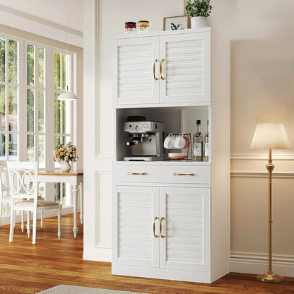 Tall Metal Pantry Cabinet with countertop & Drawer | Elegant Louvered Door Design with Modern Appeal,120 lb Adjustable Shelves with Steel Durability
