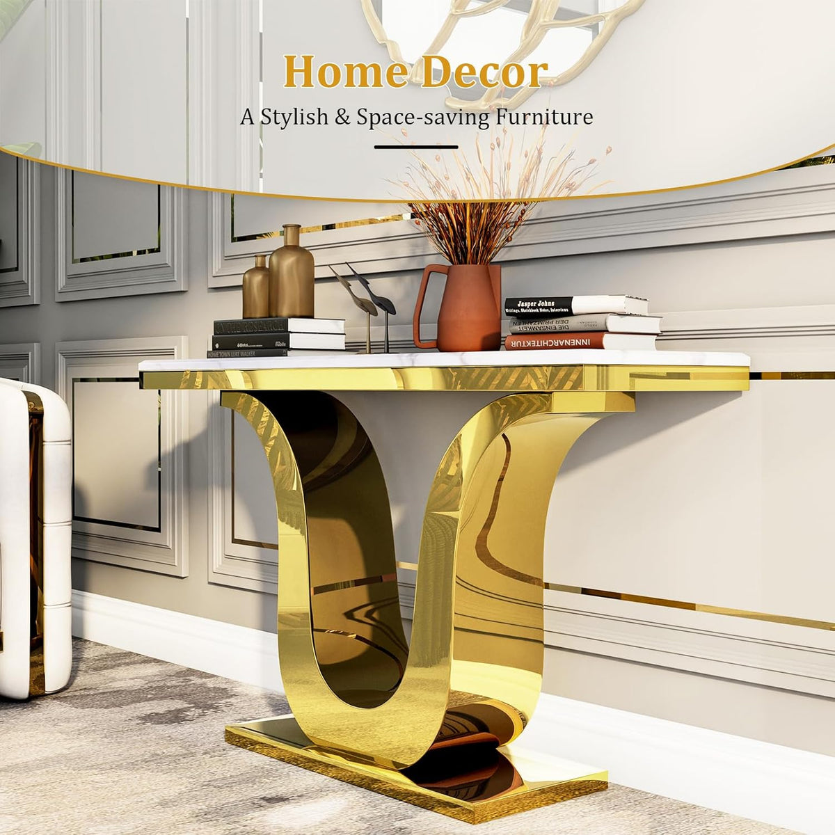 Gold Console Table, White and Gold Living Room Sofa Table, 50" Rectangle Console Table for Entryway, Living Room, Office, Foyer, Front Hall, Hallway