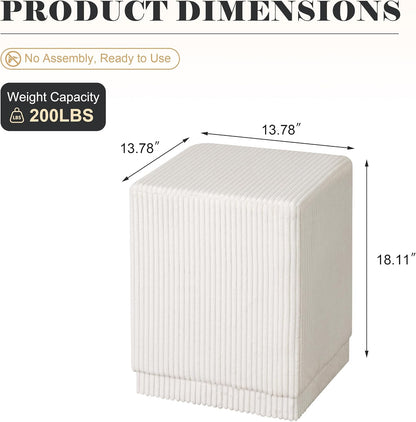 Homebeez Modern Square Ottoman, Vertical Channel Tufted Foot Stool Ottoman, Corduroy Velvet Upholstered Vanity Stool for Makeup, Bedroom, Living Room, Cream White