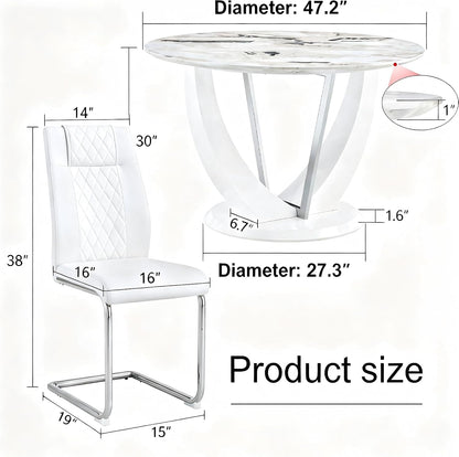 47" White Round Glass Dining Table Set 4 | Marble Pattern Kitchen Table with 4 PU Chairs, Modern High Glossy White Base Table for Kitchen Dining Room
